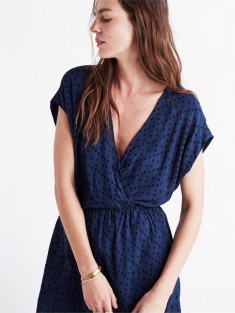 Madewell Navy Polka Dot V-Neck Faux Wrap Dress